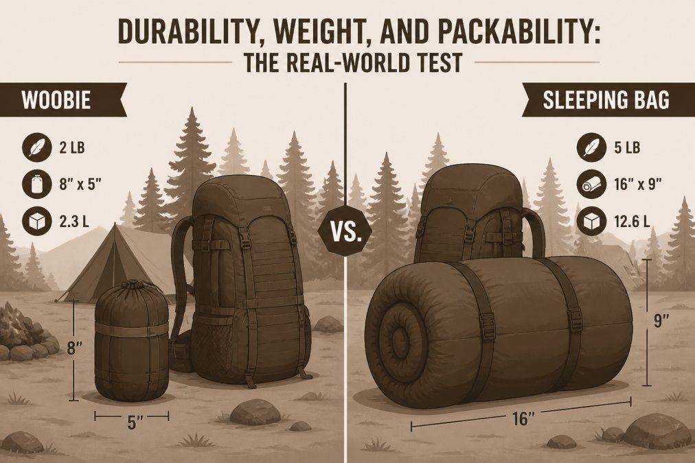 Woobie packed tightly in a compression stuff sack next to a hiking backpack on a campsite with tent and forest background, showing compact storage compared to full-size sleeping bag