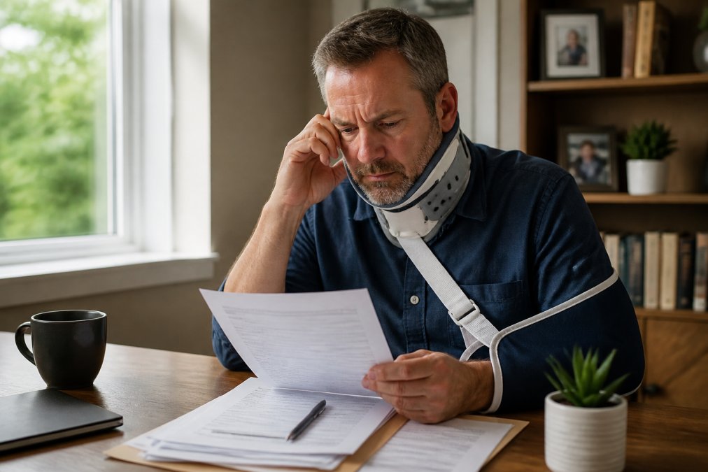 An injured worker sitting at a table with medical documents and paperwork, looking concerned while reviewing claim forms in a home office setting