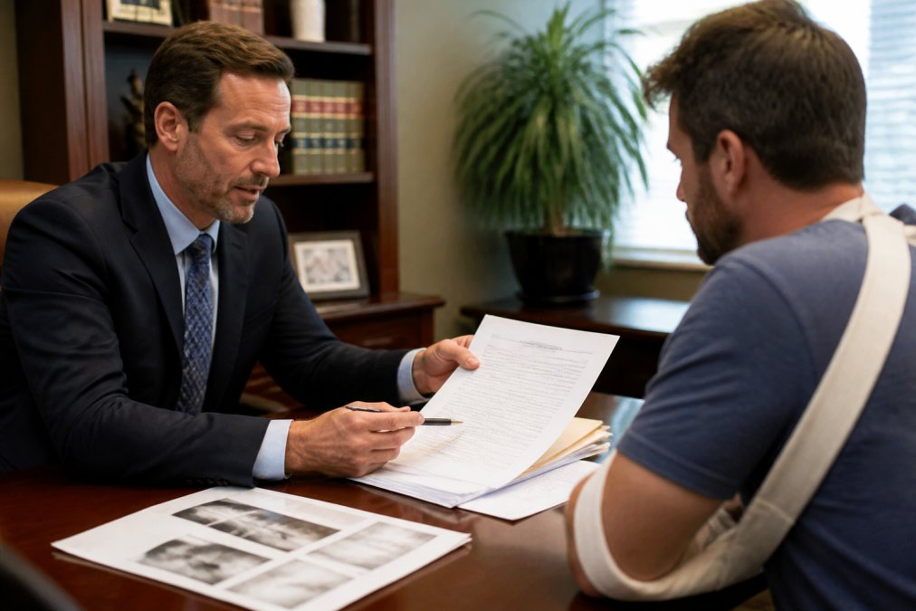 A professional attorney in business attire meeting with an injured client in a modern office setting, discussing documents and case details across a polished desk with medical records visible