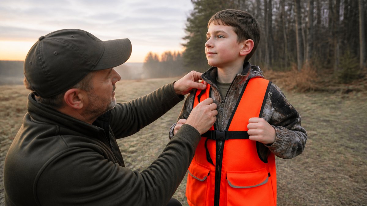 Parent adjusting the shoulder straps of a blaze orange hunting vest on a child outdoors at dawn