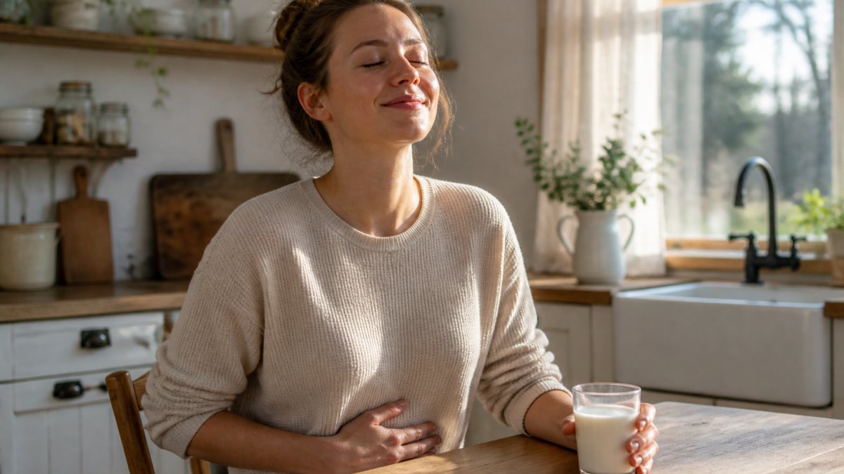 Person at a kitchen table with a glass of milk