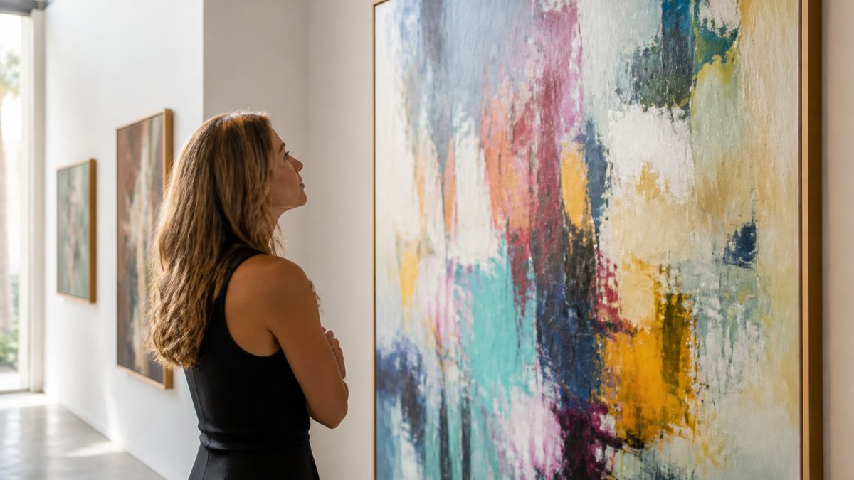 A collector standing close to an abstract painting in a bright gallery space, studying the canvas intently with genuine engagement, natural light illuminating both the artwork and their expression
