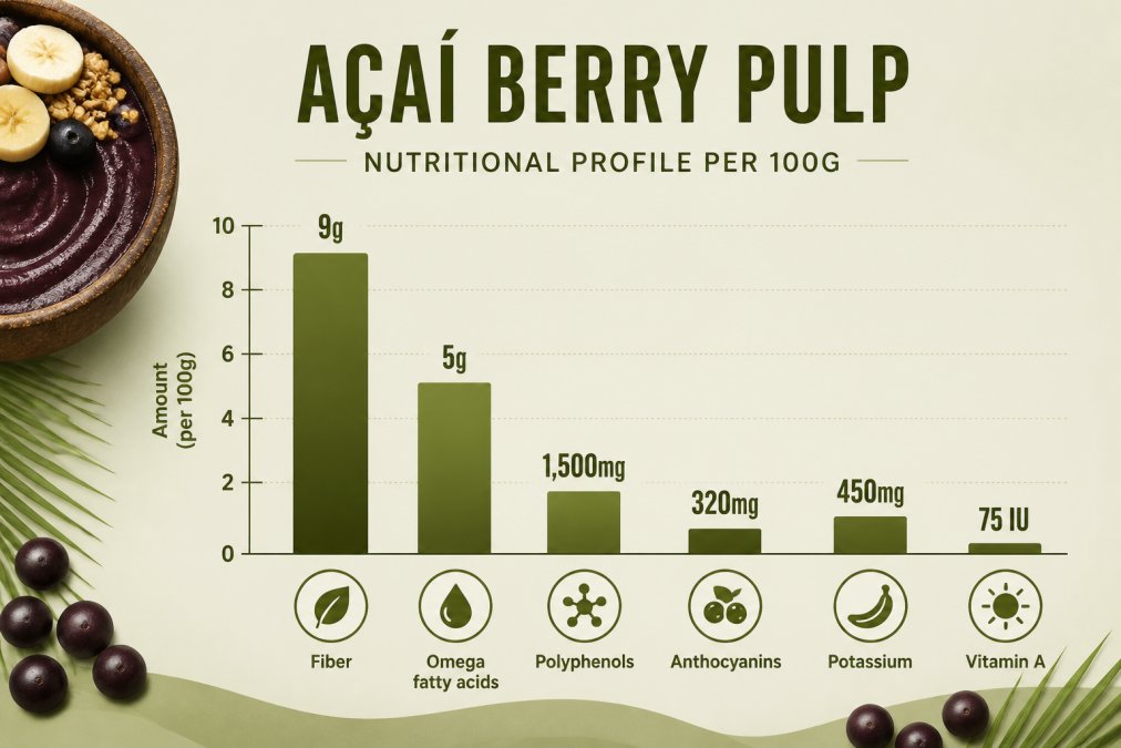 Bar chart comparing nutritional profile of acai pulp per 100g serving: Fiber 9g, Omega fatty acids 5g, Polyphenols 1,500mg, Anthocyanins 320mg, Potassium 450mg, Vitamin A 75 IU