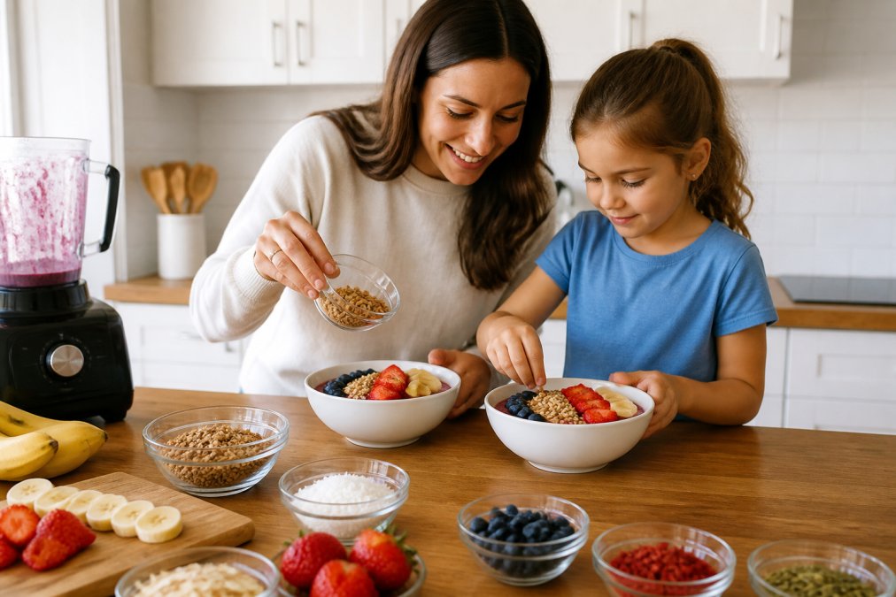 Parent and child decorating a healthy acai bowl with fresh fruit and granola on a wooden kitchen countertop
