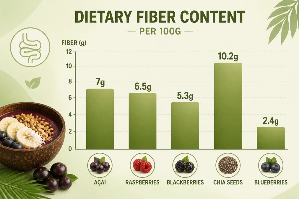 Bar chart comparing dietary fiber content per 100g: Açai 7g, Raspberries 6.5g, Blackberries 5.3g, Chia Seeds 10.2g, Blueberries 2.4g