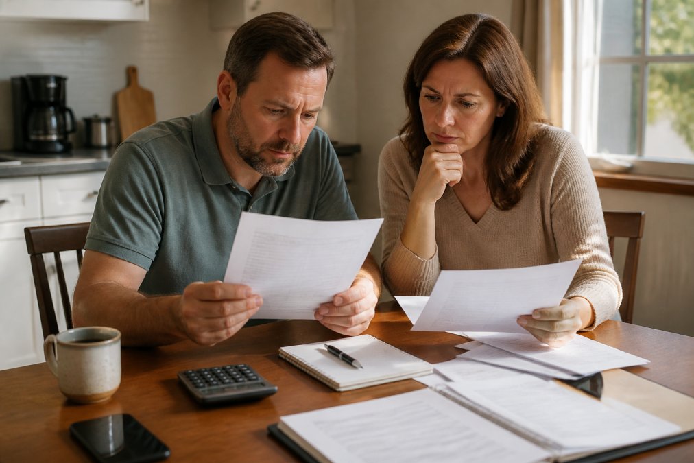 Homeowner reviewing insurance policy documents and claim paperwork at a kitchen table with a calculator, notebook, and pen under warm natural lighting from a window