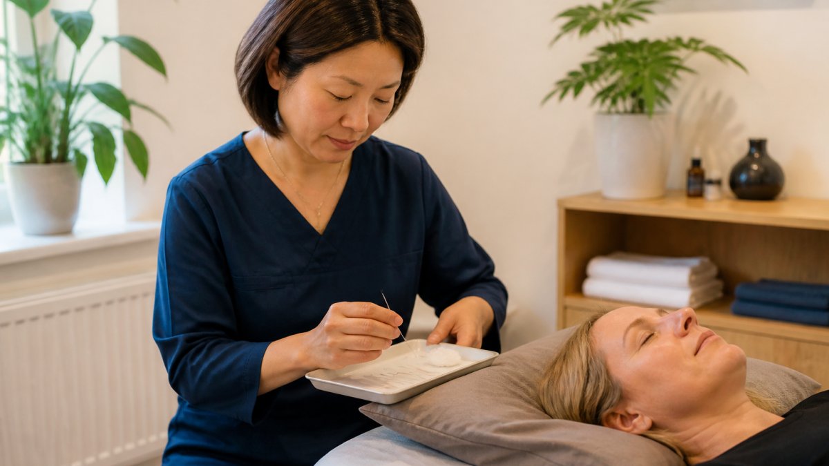 A practitioner in a calm treatment room preparing fine acupuncture needles on a clean tray, with soft natural light and a relaxed clinical setting
