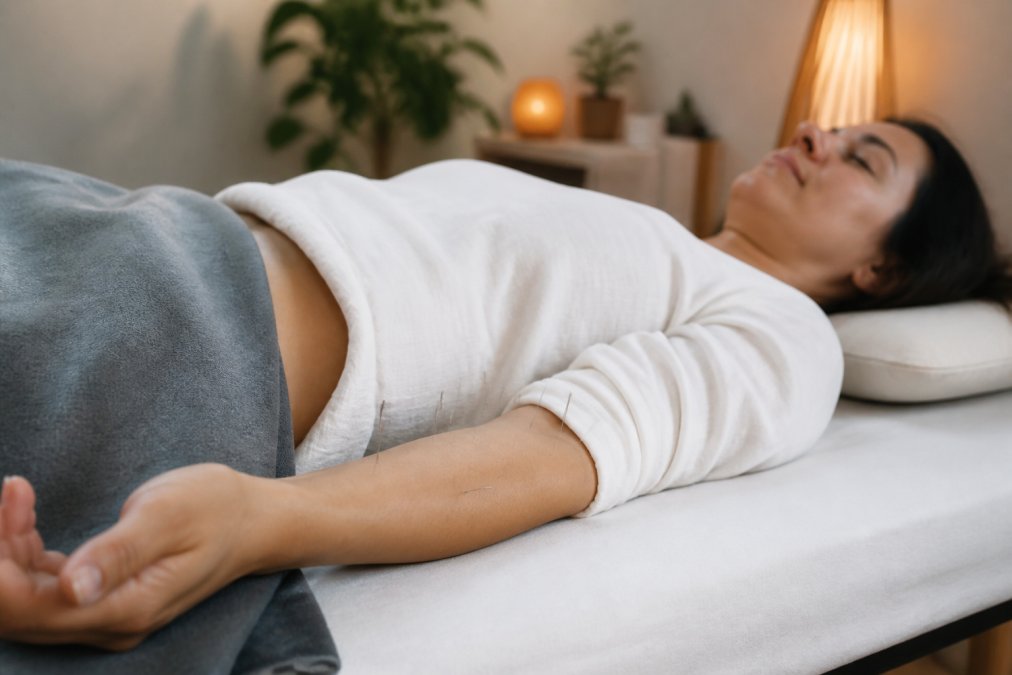 A person lying comfortably on a treatment table in a calm, softly lit acupuncture studio with fine needles placed along the forearm, eyes closed and relaxed