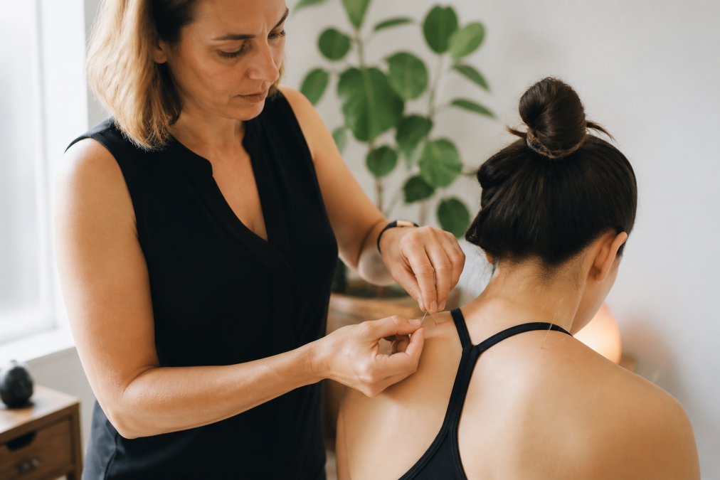 A licensed acupuncturist placing fine needles into a patient's shoulder area in a calm, clean treatment room with soft natural light