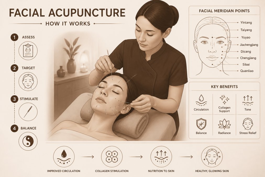 Licensed acupuncturist carefully placing fine needles on facial meridian points of a patient lying on a treatment table in a calm clinical setting with soft lighting
