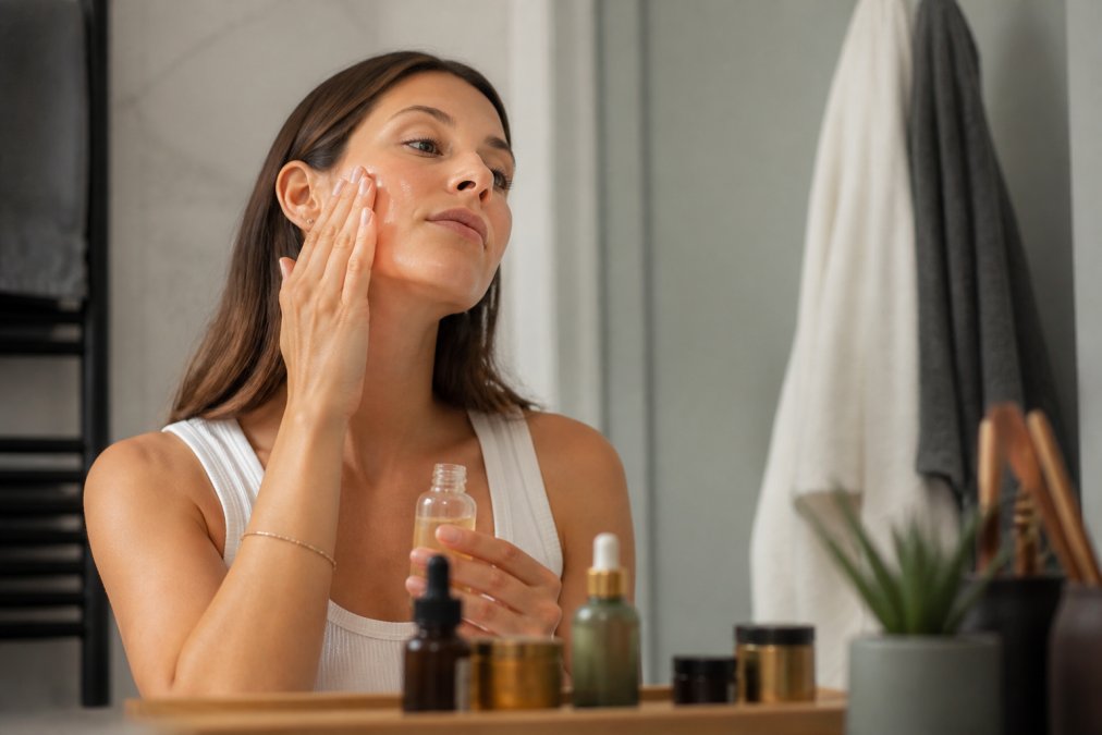 Person applying nourishing skincare serum to face in a serene, clean wellness environment with soft natural lighting after acupuncture treatment