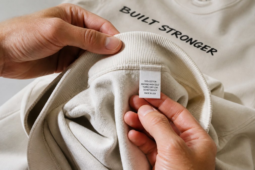 Close-up of hands examining a heavyweight hoodie fabric, showing texture, stitching detail, and care label with natural window lighting on neutral background