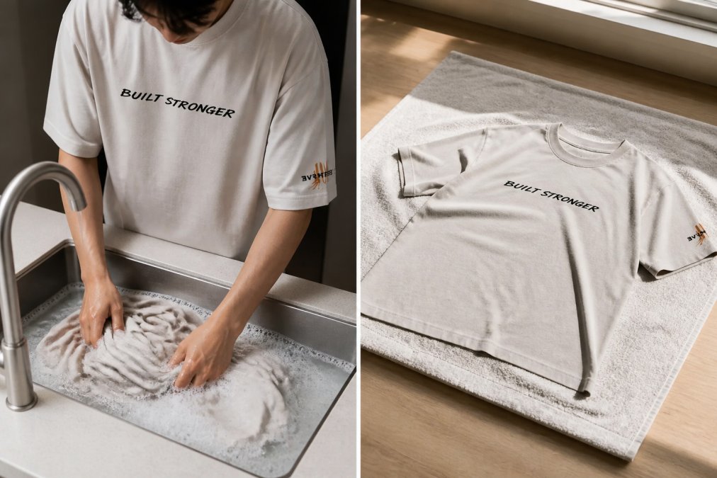 Person carefully hand-washing a heavyweight streetwear hoodie in a sink with cool water, then laying it flat on a clean towel to air-dry indoors with natural light