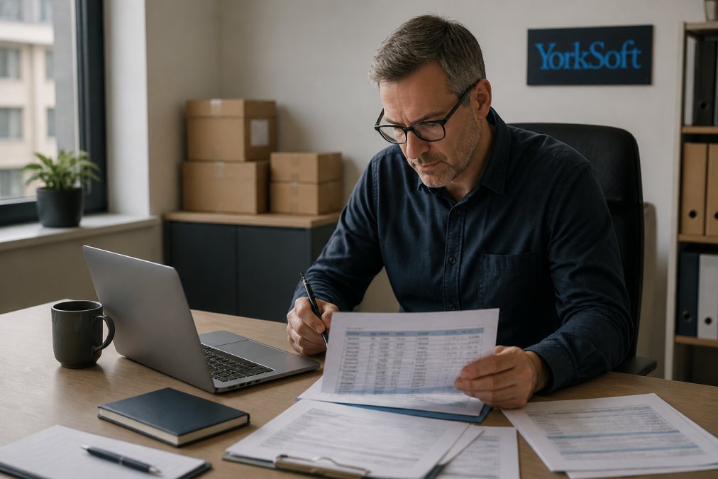 Small business owner reviewing customs documentation and logistics plans at a desk with a laptop and shipping manifest, natural office lighting