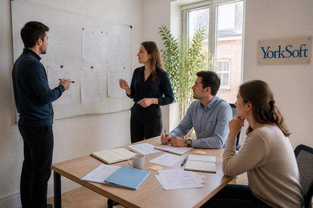Business team in a meeting room discussing strategy and reviewing documents on a whiteboard, focused and collaborative, natural office lighting