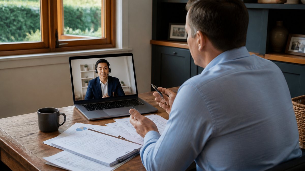 A small business owner on a video call with an advisor, laptop and printed financial statements on a wooden desk in a home office