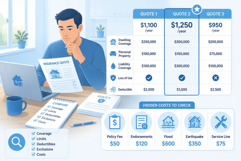 Homeowner sitting at kitchen table with laptop, documents, and notepad, reviewing insurance quotes and policy papers, comparing coverage options with natural afternoon lighting from window
