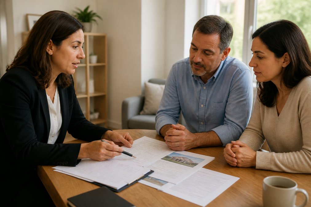 Insurance agent having a face-to-face conversation with a homeowner client, explaining policy details and coverage options in a professional office setting with natural light, documents on desk