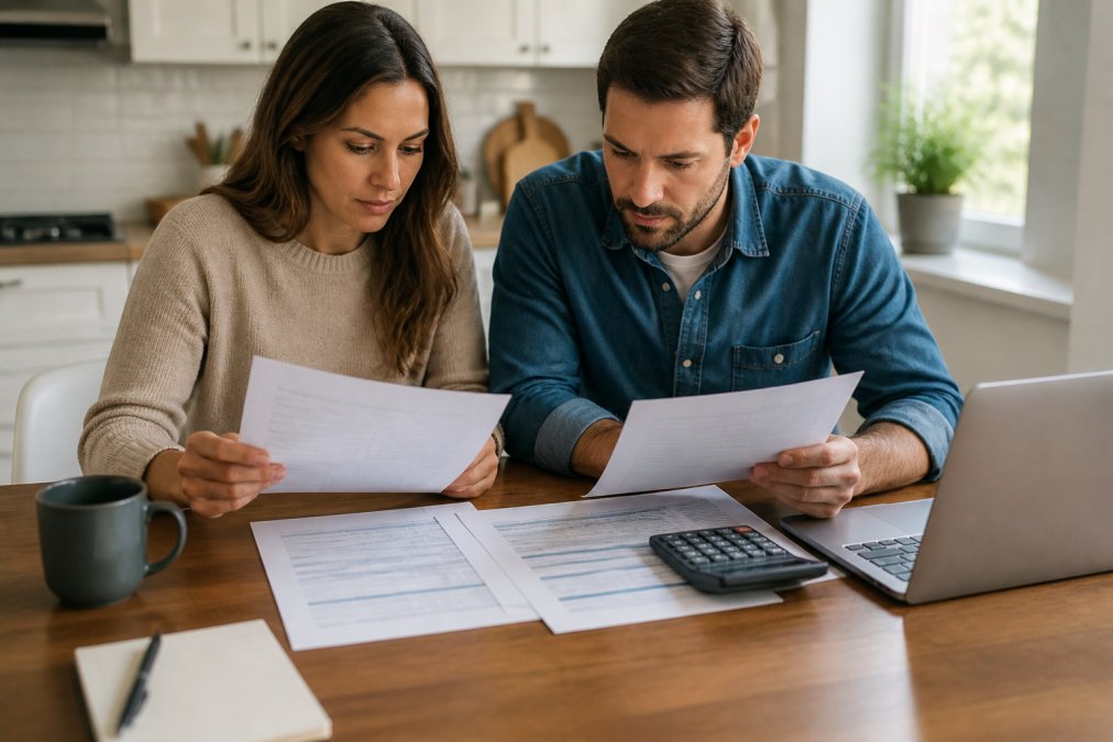 A couple sitting at a kitchen table reviewing insurance quote documents side by side, with a laptop open and a calculator nearby, natural daylight