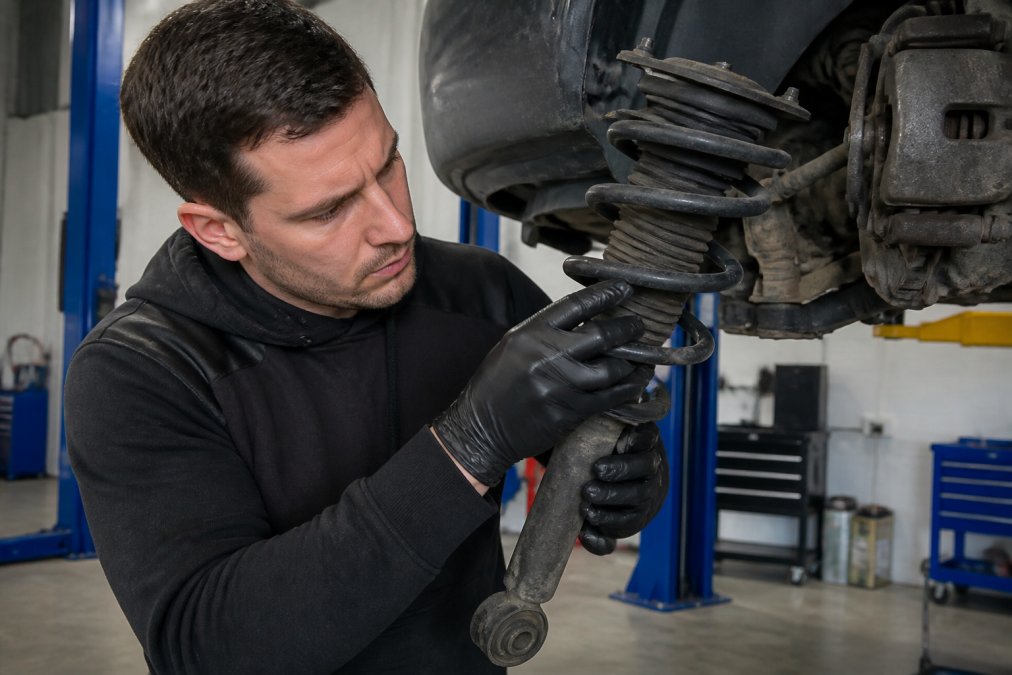 Experienced mechanic inspecting a Subaru suspension component, closely examining wear on struts and bushings under bright shop diagnostic lighting