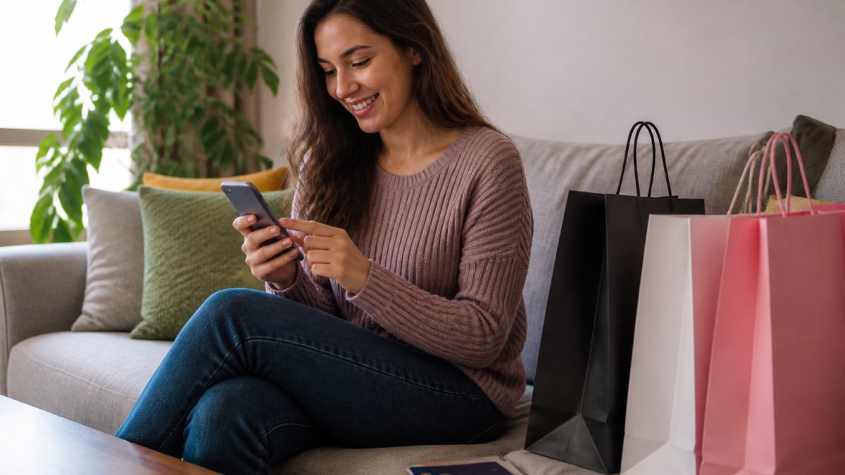 Woman browsing clothing on a smartphone while sitting on a couch, with shopping bags nearby and a credit card visible on the side table, demonstrating the ease of online fashion checkout