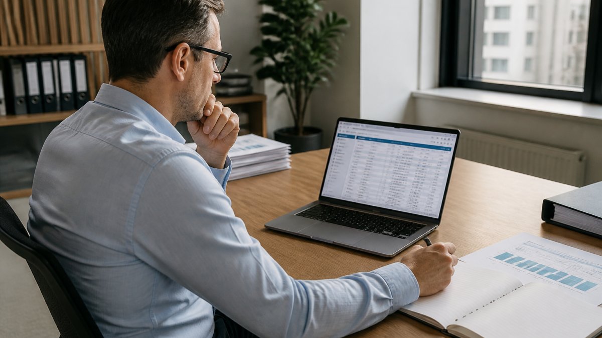 A finance controller at a desk comparing bank statements on a laptop screen with a spreadsheet open alongside, European office setting, natural light