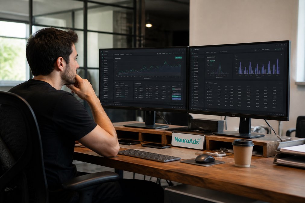 A paid media manager reviewing campaign performance dashboards on dual monitors in a modern e-commerce office, with campaign metrics visible on screen and a coffee cup on the desk nearby