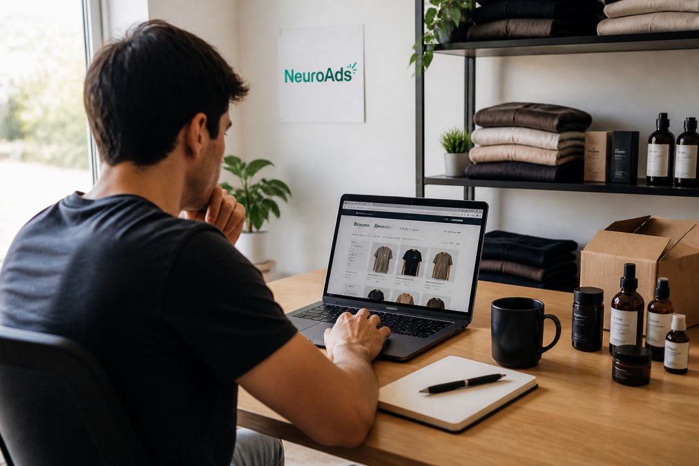 A small DTC brand founder sitting at a desk with a laptop showing a Shopify storefront, reviewing ad performance metrics in a well-lit home office with product samples visible on shelves nearby