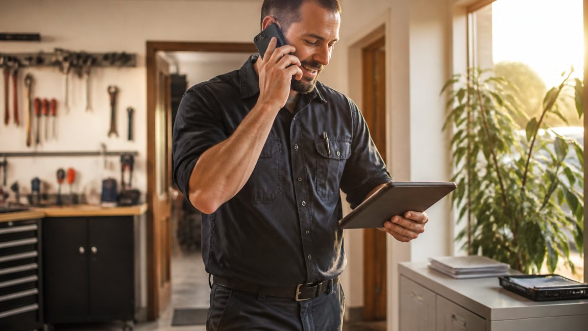 A small business owner in a trades uniform looking at a tablet showing a calendar with booked appointments, standing in a bright workshop office with tools on the wall and natural light from a side window