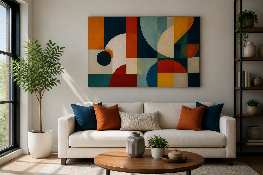 Modern living room with AI-generated abstract canvas art displayed above a sofa, showing vibrant colors and geometric patterns integrated into contemporary home decor, natural window light illuminating the textured canvas