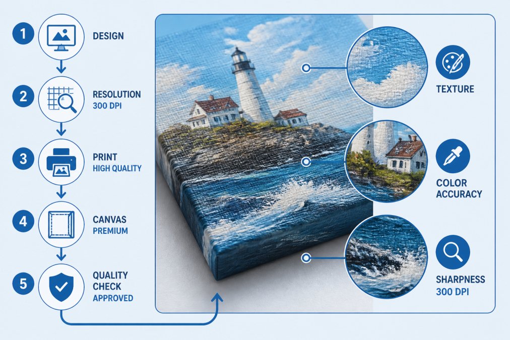 Close-up of a high-quality canvas print showing fine texture detail, vibrant color accuracy, and visible brushstroke-like texture from the printing process, with proper DPI evident in the sharpness of fine details