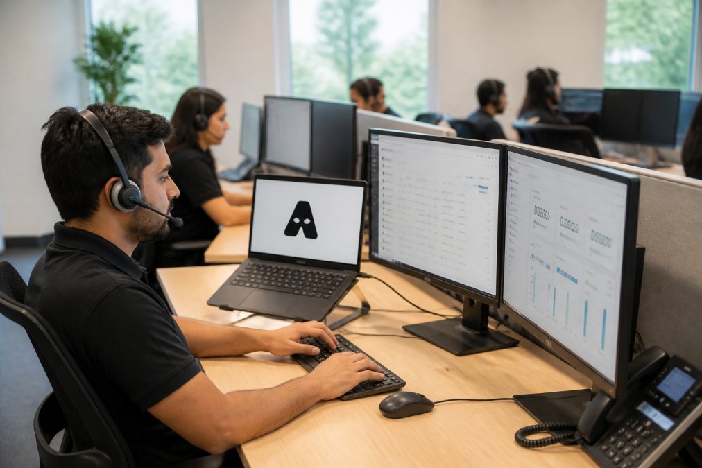 Customer service team working at desks with multiple monitors, handling support tickets efficiently, with AI dashboards visible on screens showing real-time automation metrics and performance data