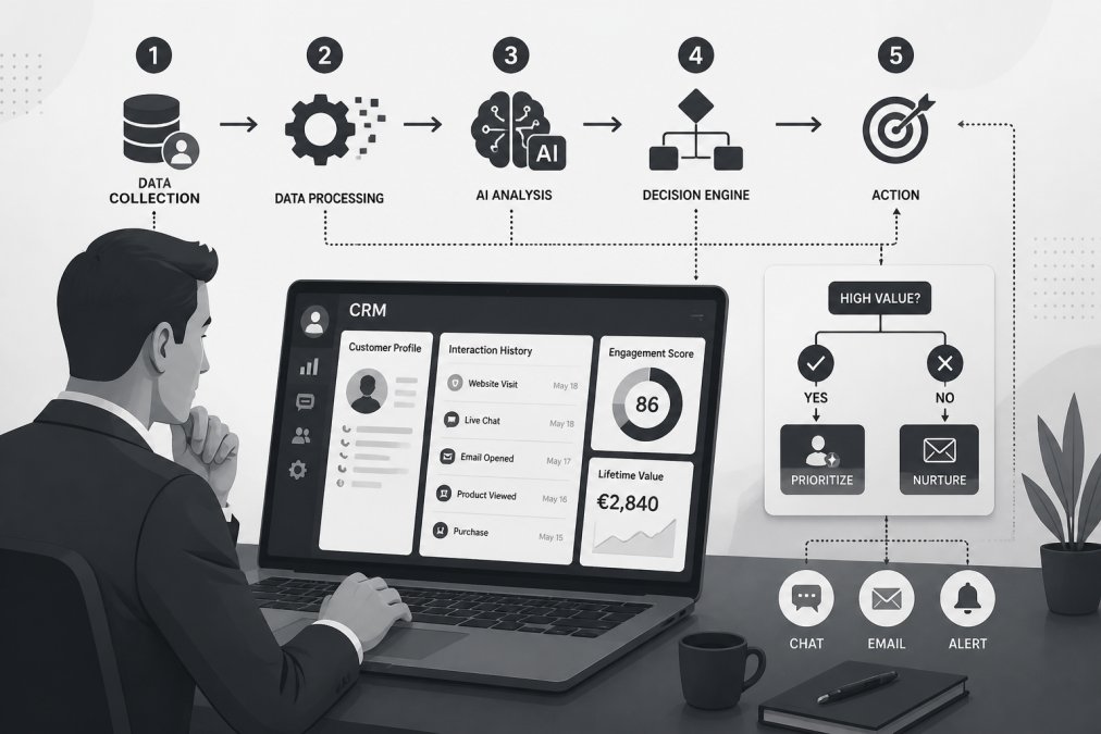Business professional reviewing CRM dashboard on laptop displaying customer interaction history, with AI workflow automation visualized in background showing data processing and decision trees