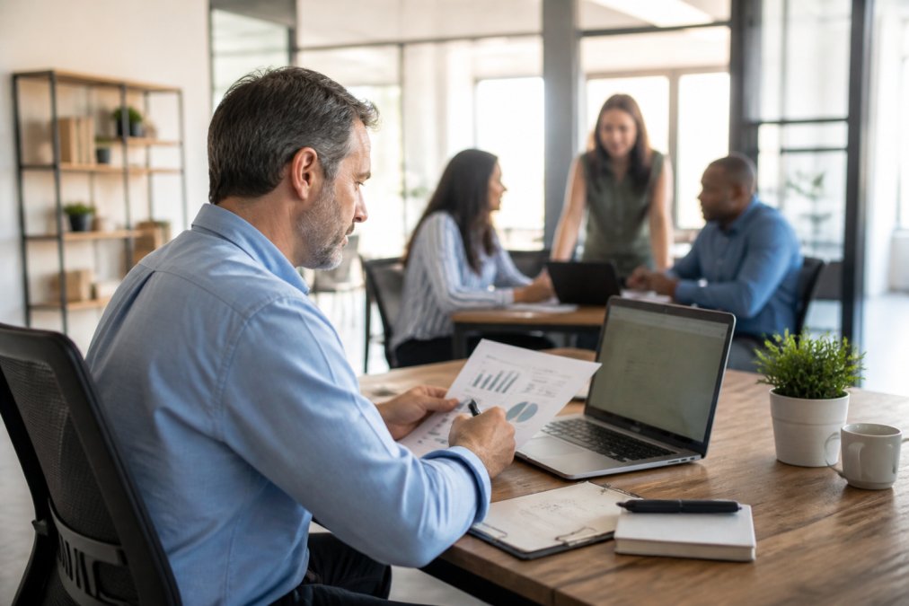 Small business owner reviewing productivity metrics and automation reports on computer screen while team collaborates in modern office background with natural lighting