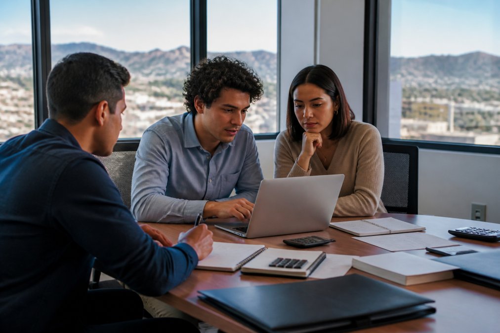 Professional team in modern Los Angeles office reviewing financial analytics on laptop with notebooks and calculators on desk, natural lighting from windows