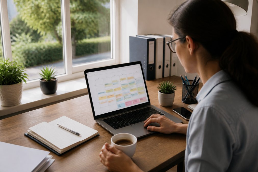A small business owner working at a tidy desk with a laptop showing a content calendar, notebook and coffee nearby, natural window light