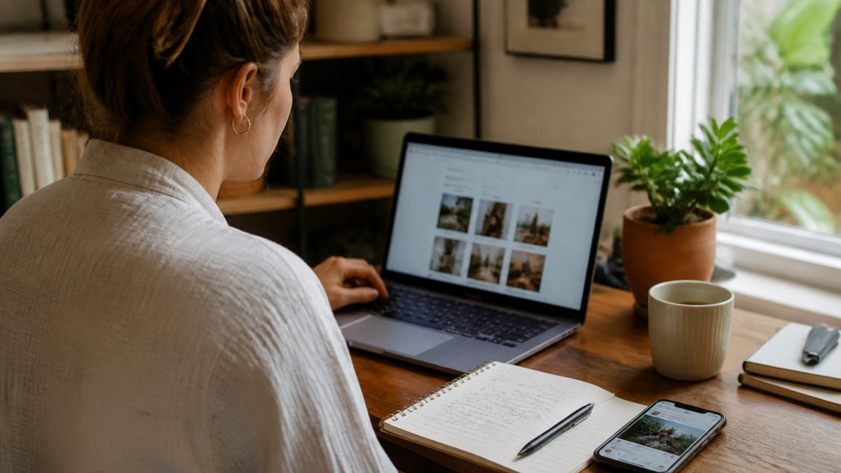 A marketer at a tidy desk reviewing social media drafts on a laptop screen, with a smartphone showing a published post and a notebook with handwritten brand voice notes beside it