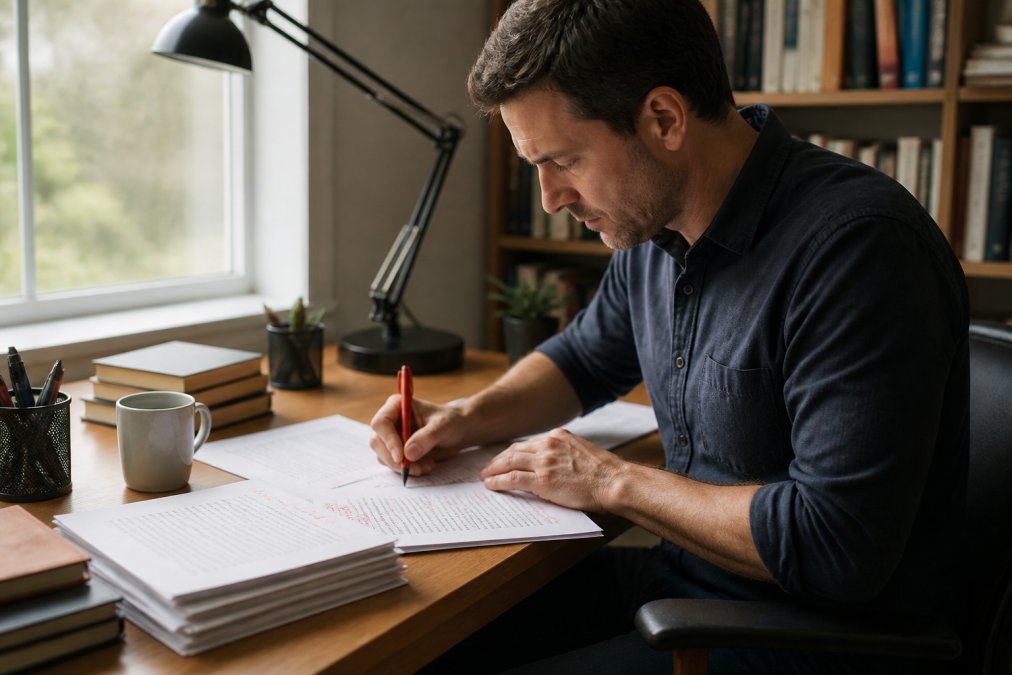 Author sitting at desk reviewing manuscript pages with red pen, making edits and annotations on printed pages, natural window light coming from the left