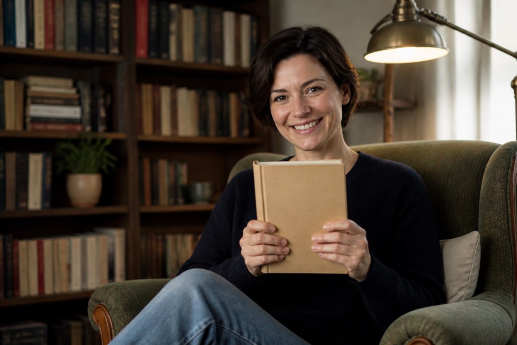 Person holding a published book, smiling, with bookshelf and reading light in background, warm natural lighting