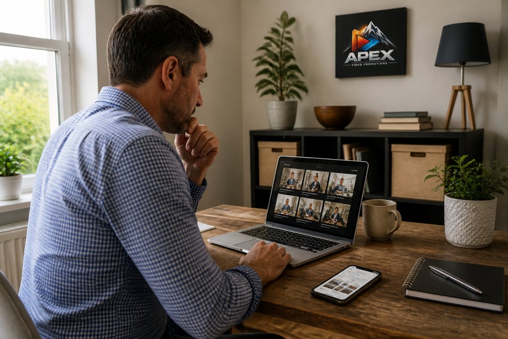 A small business owner reviewing video content on a laptop in a home office, with a smartphone showing a social media feed nearby, natural window light