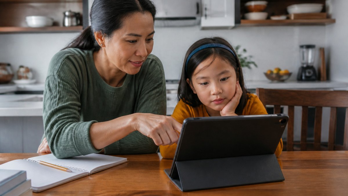 Infographic showing a step-by-step process for parents to monitor ai homework help on a tablet with their child.