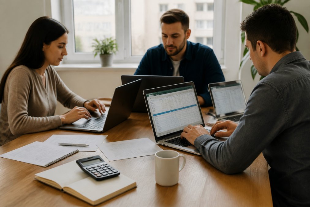 E-commerce team of three professionals collaborating around a table with laptops displaying inventory spreadsheets and listing management dashboards, with natural office lighting
