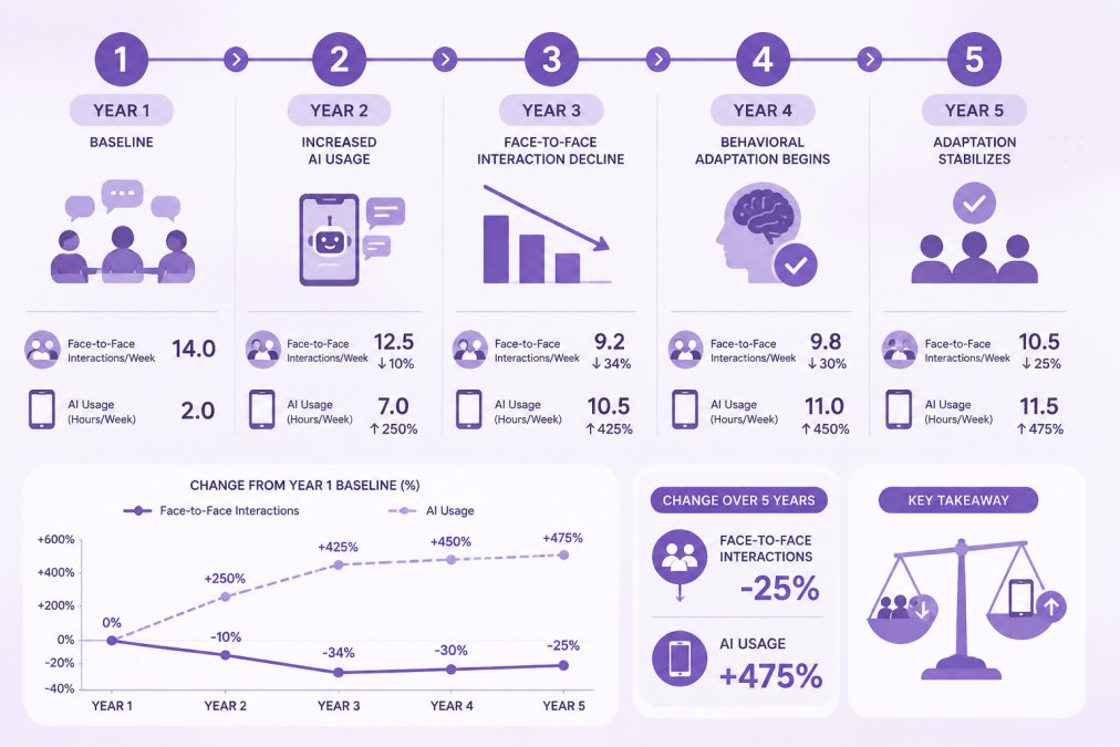 Timeline showing longitudinal study findings on social interaction patterns: Year 1 baseline, Year 2 increased AI usage, Year 3 face-to-face interaction decline, Year 4-5 behavioral adaptation patterns