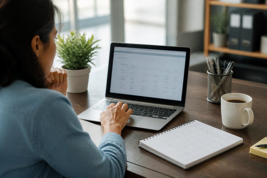 Small business owner or marketing team member reviewing automated campaign results on a laptop, with a calendar and coffee cup visible on the desk
