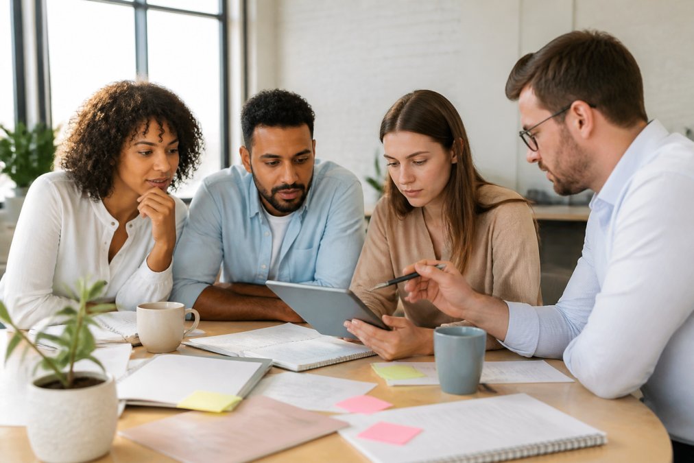 Diverse small team having a discussion around a table, reviewing marketing strategy notes and looking at a tablet or laptop screen together