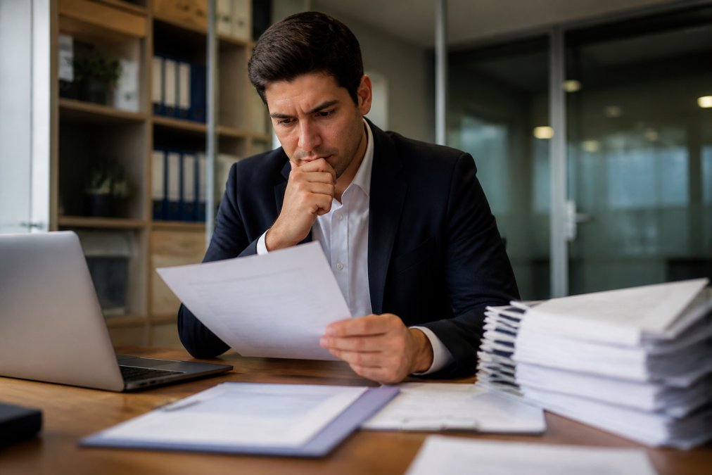 Business professional in office reviewing security protocols and vendor documentation on computer screen, with concerned focused expression