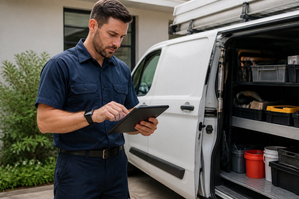 Home service technician using mobile device to manage customer interactions and service scheduling, with focused professional demeanor in field setting