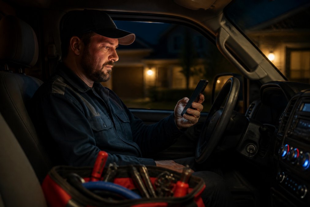 A plumbing contractor in a service van at night, looking at a smartphone showing an incoming call notification, warm dashboard light on his face