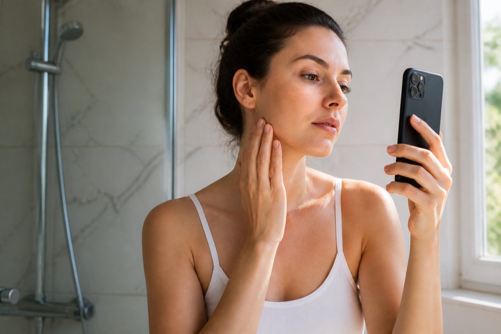 Woman using a smartphone for an AI skin recommendation in a bright, naturally lit bathroom setting