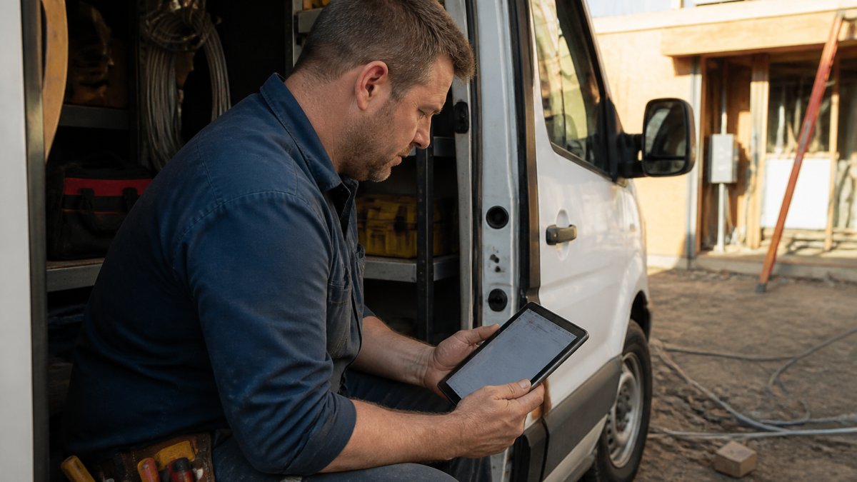 Electrician using a tablet for AI voice automation to manage job bookings from a work van at a site